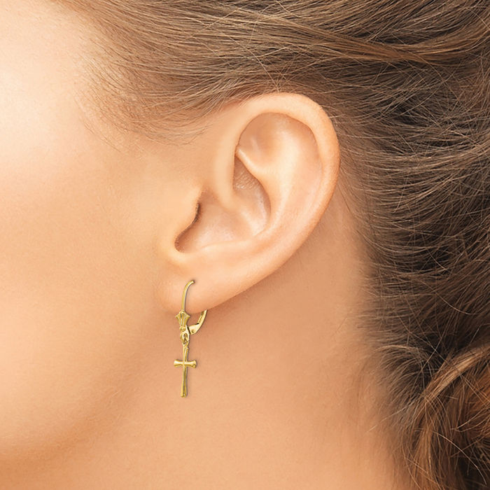 14K Solid Yellow Gold Hanging Holy Cross Christian Religious Drop Dangle Earrings