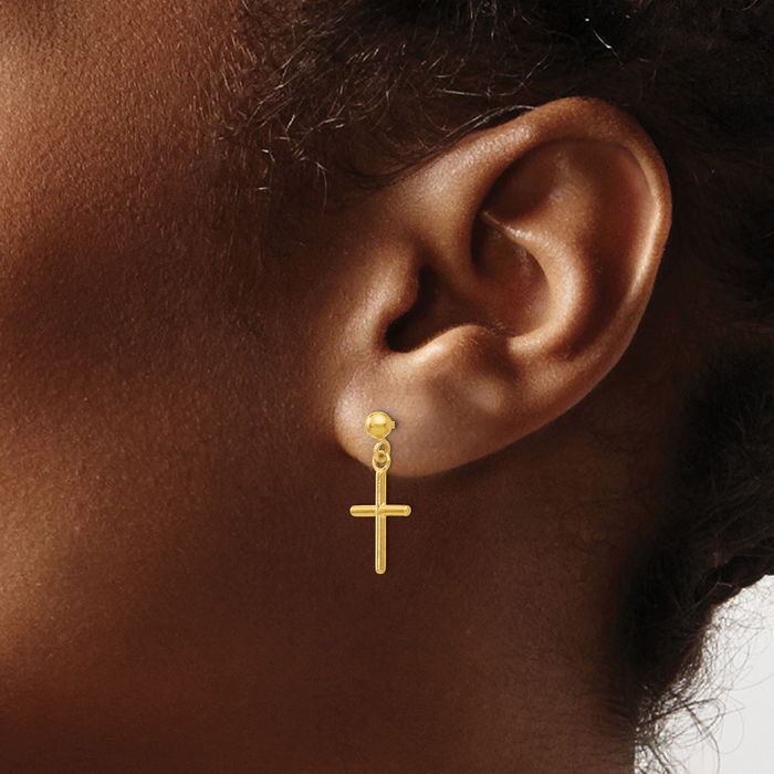 14K Solid Yellow Gold Holy Cross Post Christian Religious Drop Dangle Earrings