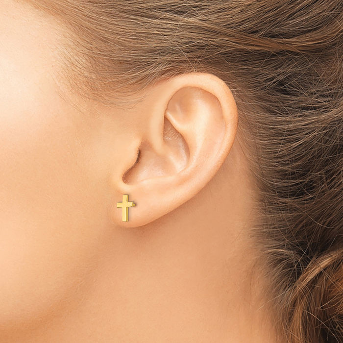 14K Solid Yellow Gold Holy Cross Studs Religious Christian Earrings