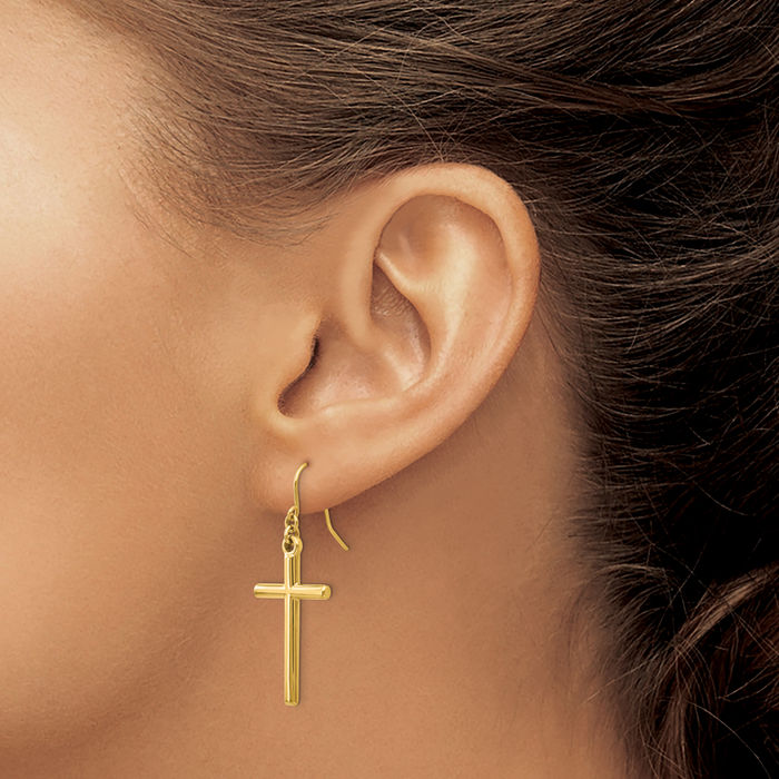 14K Solid Yellow Gold Holy Cross Christian Religious Drop Dangle Earrings