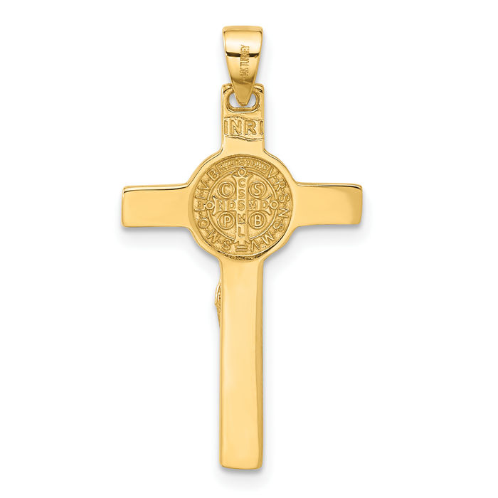 14K Solid Yellow Gold Lord Jesus Christ Crucifix Holy Cross Saint Benedict Medal Necklace Religious Chain Pendant Charm