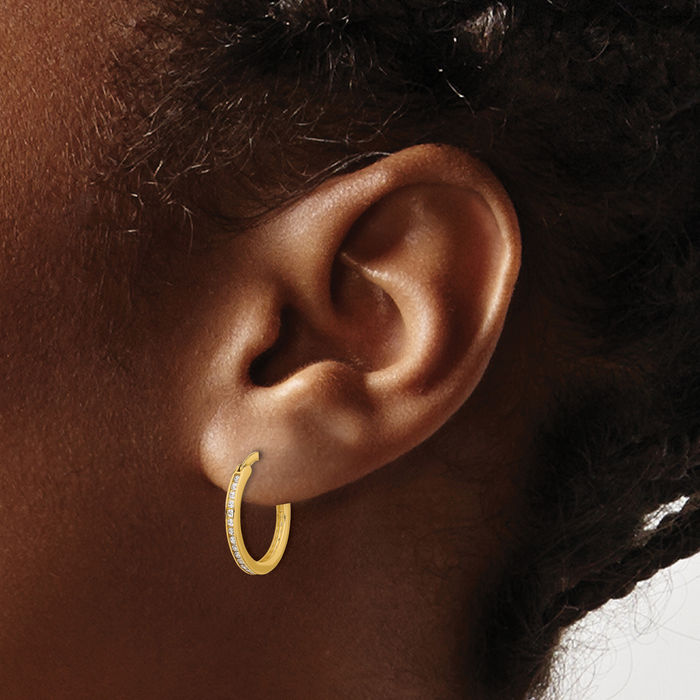 14K Solid Yellow Gold Cubic Zirconia CZ 1.5mm Round Small Hoop Earrings