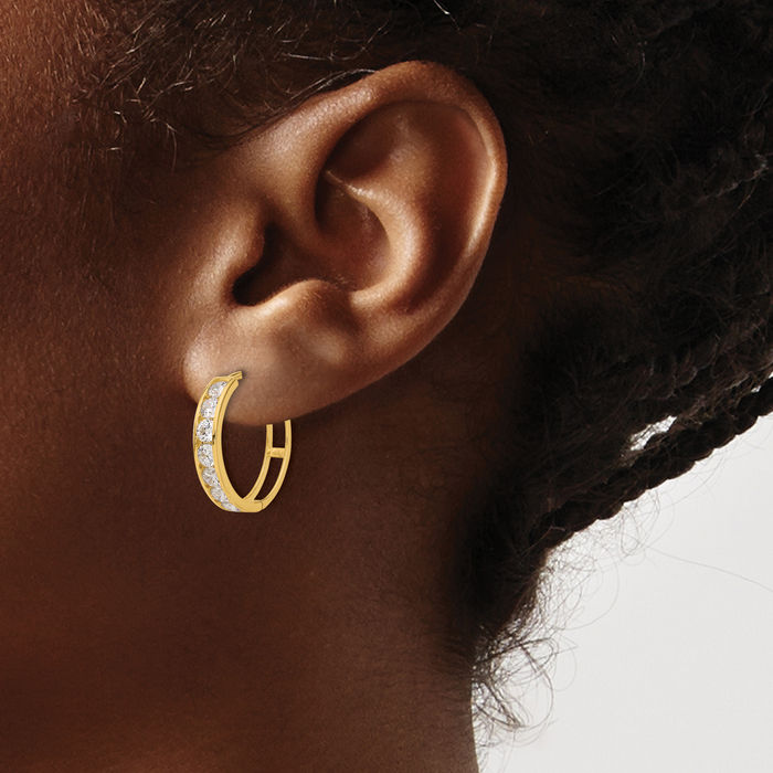 14K Solid Yellow Gold Cubic Zirconia CZ Round Small Hoop Earrings
