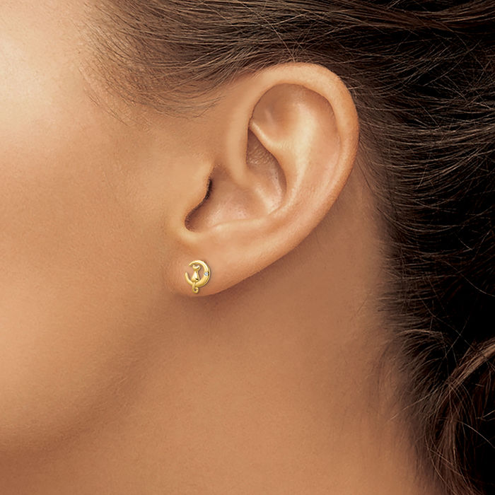 14K Solid Yellow Gold Cubic Zirconia CZ Cat Crescent Moon Stud Earrings Celestial Jewelry
