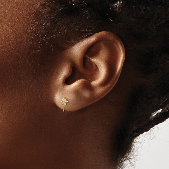 14K Solid Yellow Gold Cubic Zirconia CZ Holy Cross Drop Dangle Christian Religious Stud Earrings