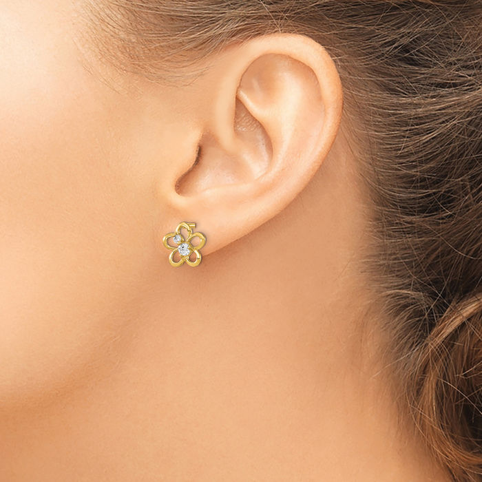 14K Solid Yellow Gold Cubic Zirconia CZ Flower Stud Earrings