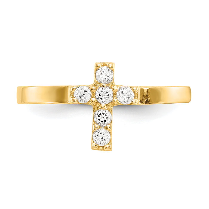 14K Solid Yellow Gold Cubic Zirconia CZ Cross Ring