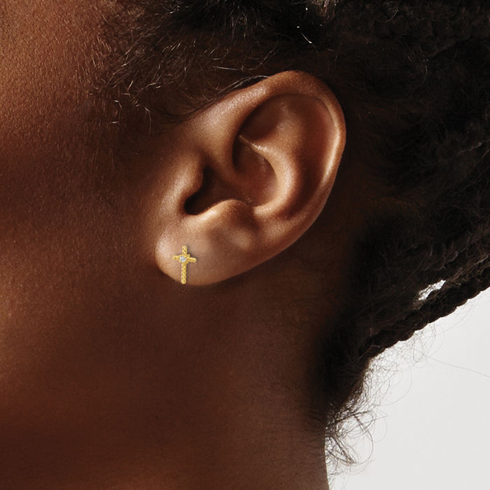 14K Solid Yellow Gold Cubic Zirconia CZ Holy Cross Drop Dangle Christian Religious Stud Earrings