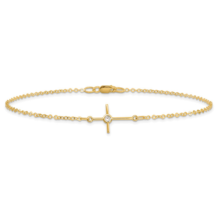 14K Solid Yellow Gold Cubic Zirconia CZ Holy Cross Anklet Religious Summer Beach Foot Ankle Bracelet