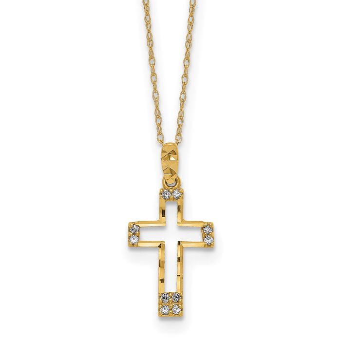 14K Solid Yellow Gold Cubic Zirconia CZ Holy Cross Pendant Necklace