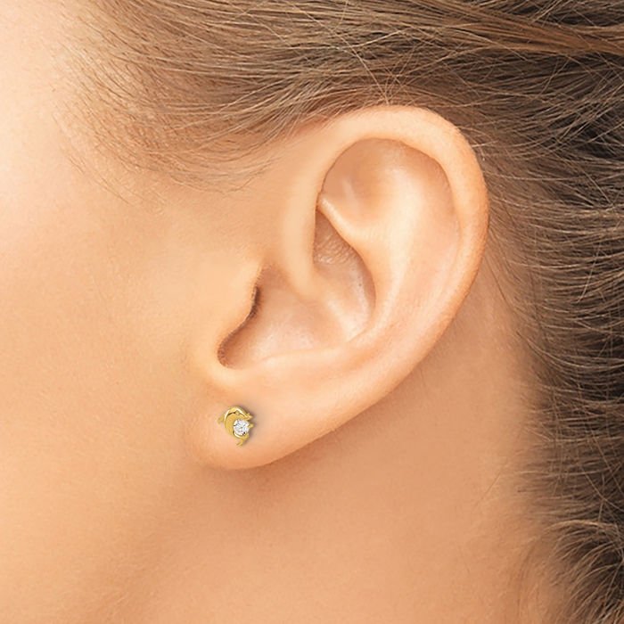 14K Solid Yellow Gold Cubic Zirconia CZ Sea Dolphin Ocean Fish Beach Nautical Stud Earrings