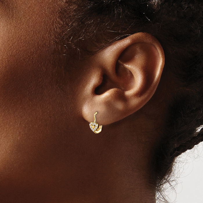 14K Solid Yellow Gold Cubic Zirconia CZ Double Heart Friendship Huggie Small Hoop Drop Dangle Earrings
