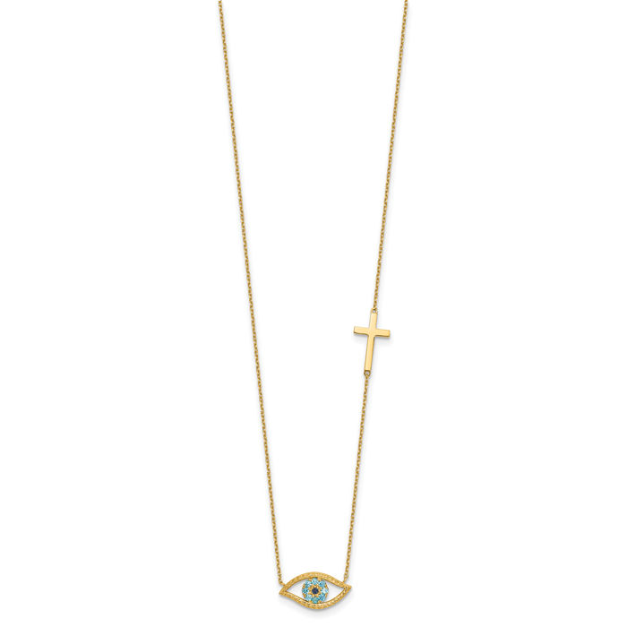 14K Solid Yellow Gold Cubic Zirconia CZ Hamsa Hand of Fatima Evil Eye Protection Good Luck Blue Cross Necklace Chain