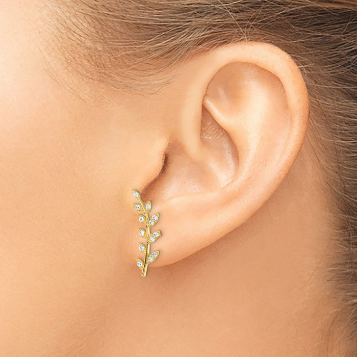 14K Solid Yellow Gold Leaf Cubic Zirconia CZ Fern Ear Climber Earrings