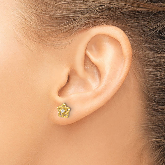 14K Solid Yellow Gold Cubic Zirconia CZ Flower Stud Earrings