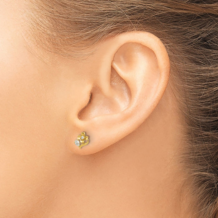 14K Solid Yellow Gold Cubic Zirconia CZ Flower Stud Earrings