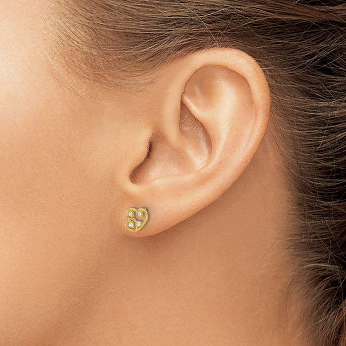 14K Solid Yellow Gold Cubic Zirconia CZ Heart Stud Earrings