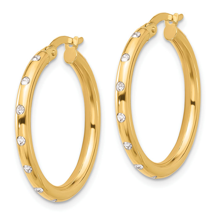 14K Solid Yellow Gold Cubic Zirconia CZ Round Medium Hoop Earrings