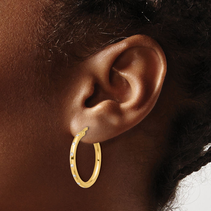 14K Solid Yellow Gold Cubic Zirconia CZ Round Medium Hoop Earrings