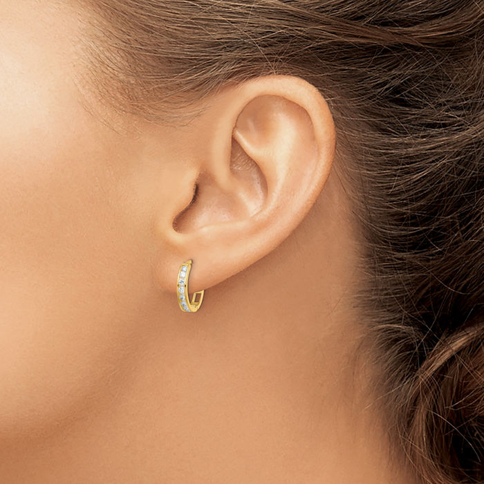 14K Solid Yellow Gold Cubic Zirconia CZ Round Huggie Small Hoop Earrings