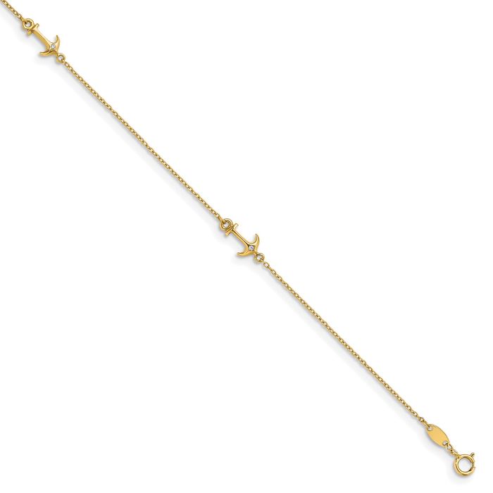 14K Solid Yellow Gold Cubic Zirconia CZ Anchor Mariner Link Chain Anklet Summer Beach Foot Ankle Bracelet