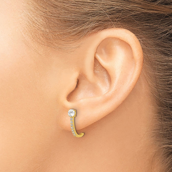 14K Solid Yellow Gold Cubic Zirconia CZ Post J Hoop Earrings