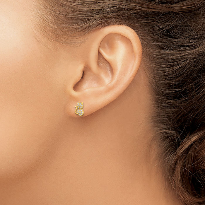 14K Solid Yellow Gold Cubic Zirconia CZ Cat Screw Back Stud Earrings
