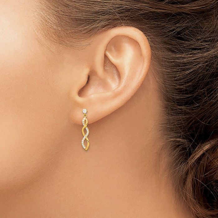 14K Solid Yellow Gold Cubic Zirconia CZ Twisted Drop Dangle Earrings