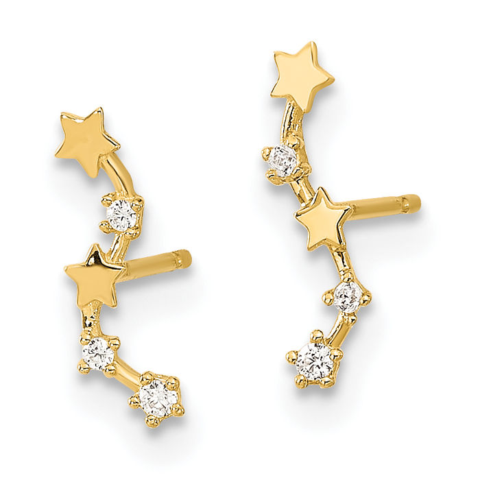 14K Solid Yellow Gold Stars Cubic Zirconia CZ Post Drop Dangle Earrings