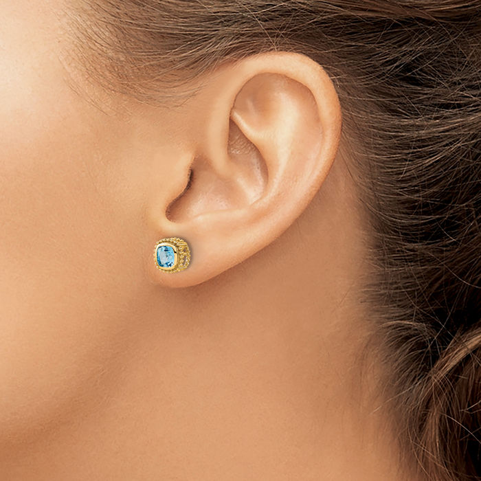 14K Solid Yellow Gold Cushion-Cut Swiss Blue Topaz Stud Earrings December Birthstone Jewelry