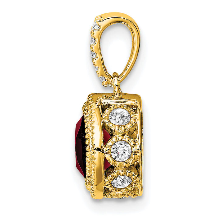 14K Solid Yellow Gold Cushion-Cut Red Garnet Diamond Necklace Charm Gemstone Pendant