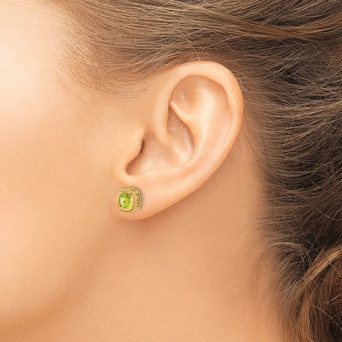 14K Solid Yellow Gold Cushion-Cut Green Peridot Stud Earrings August Birthstone Jewelry