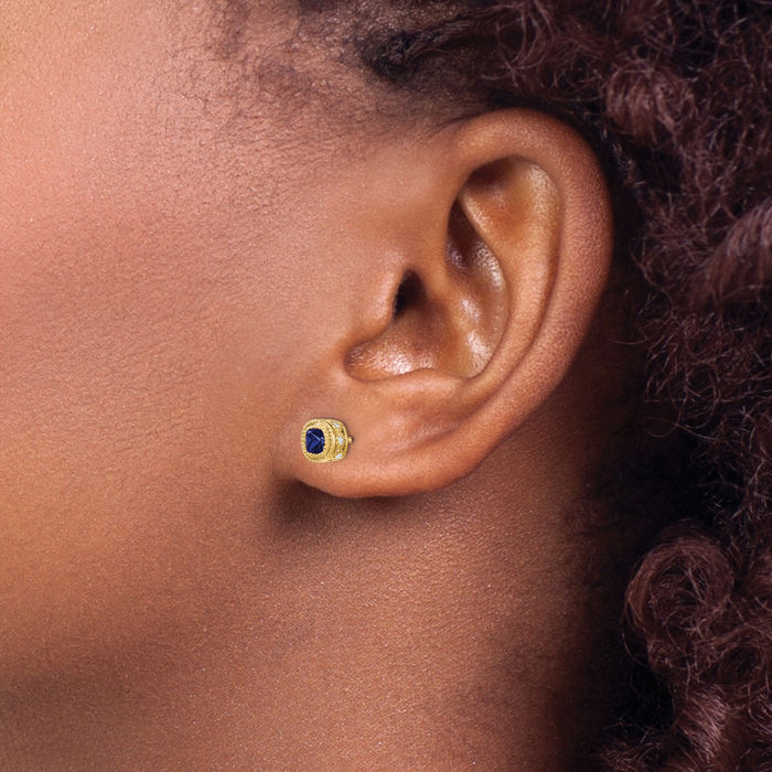 14K Solid Yellow Gold Cushion-Cut Blue Sapphire Diamond Stud Solitaire Earrings September Birthstone Jewelry