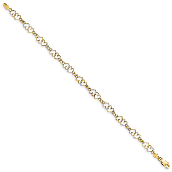 14K Solid Yellow Gold Double Heart Link Chain Charm Bracelet