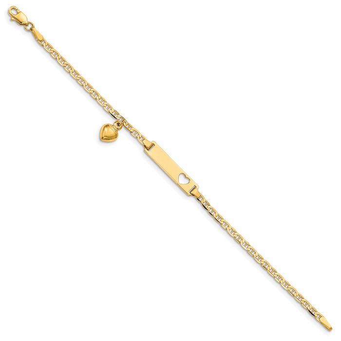 14K Solid Yellow Gold Heart Dangling Anchor Mariner Link Name Bar Identification ID Bracelet