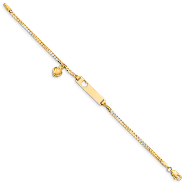 14K Solid Yellow Gold Heart Dangling Curb Link Name Bar Identification ID Bracelet