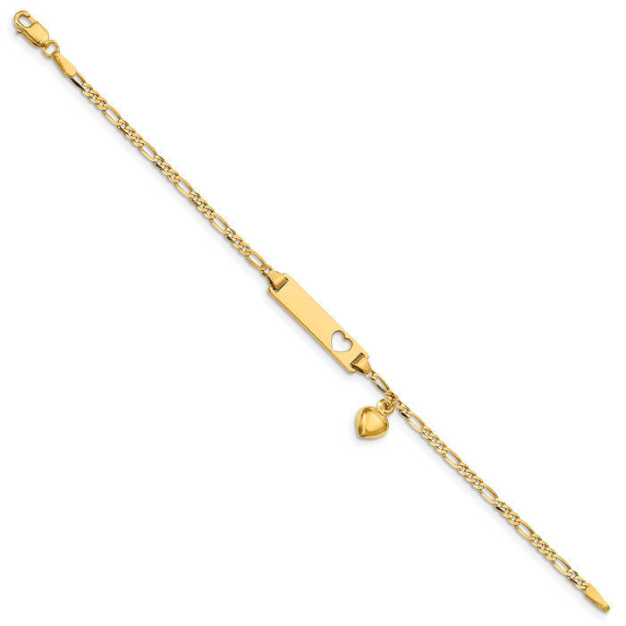 14k Yellow Gold Engraveable 5mm Figaro Link 2024 Danagling Heart Baby ID Bracelet 6