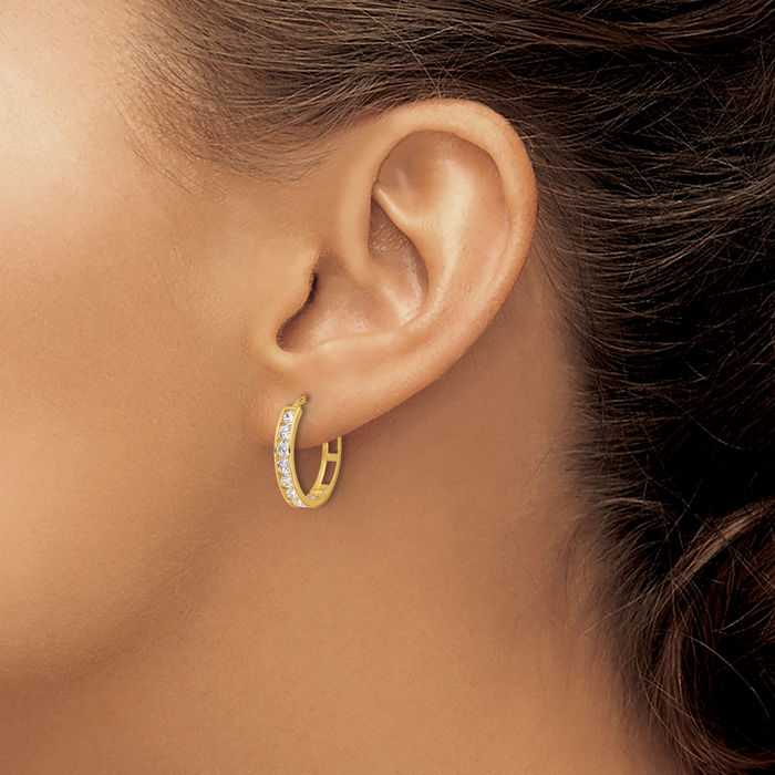 14K Solid Yellow Gold Cubic Zirconia CZ Round Small Hoop Earrings
