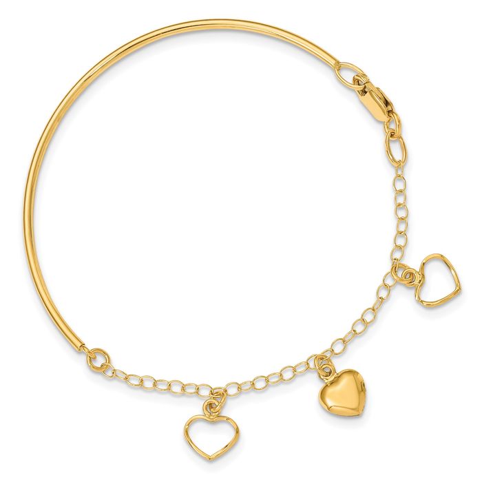 14K Solid Yellow Gold Dangling Heart Chain Bangle Charm Bracelet