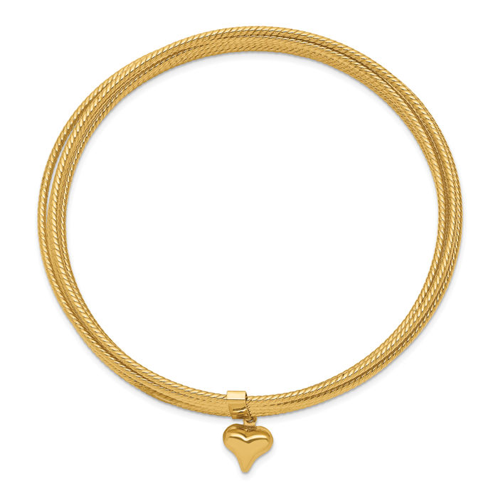 14K Solid Yellow Gold Dangling Heart Slip On Set of 7 Bangle Bracelet