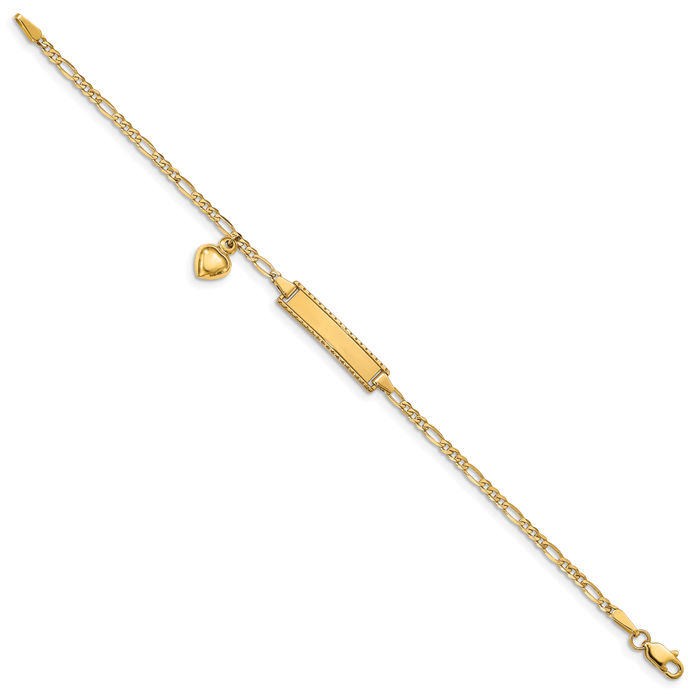 14K Solid Yellow Gold Dangling Heart Figaro Link Name Bar Identification ID Bracelet