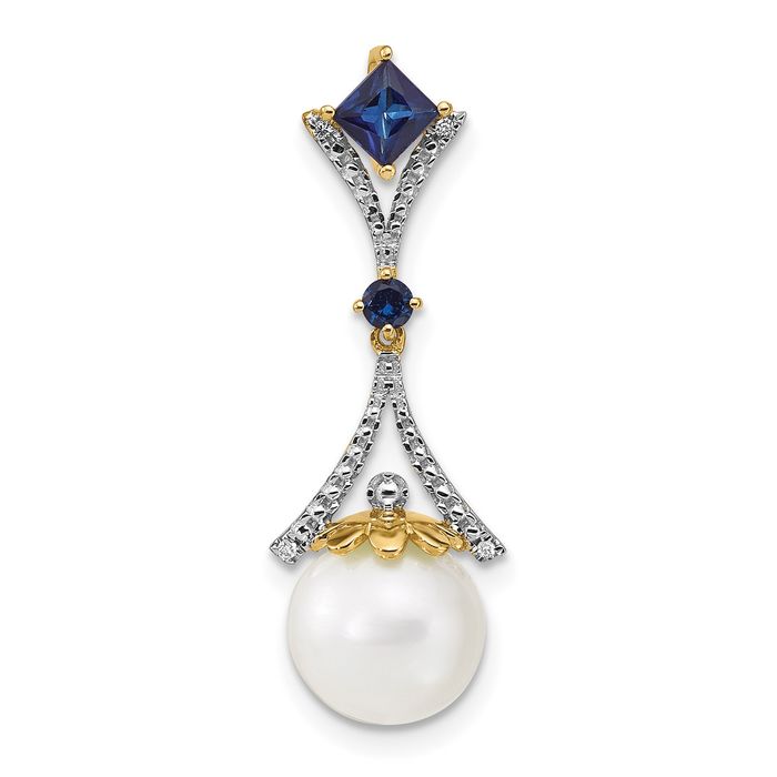 14K Solid Yellow Gold Diamond 8mm Round Freshwater Cultured Pearl/created Blu... - Picture 10 of 12