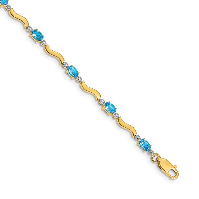 14K Solid Yellow Gold Diamond Swiss Blue Topaz Chain Gemstone Tennis Bracelet