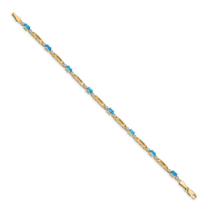 14K Solid Yellow Gold Diamond Swiss Blue Topaz Chain Gemstone Tennis Bracelet