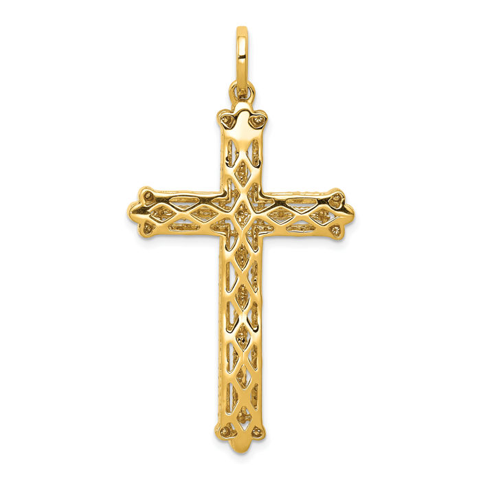 14K Solid Yellow Gold Diamond Budded Holy Cross Necklace Religious Chain Pendant Jesus Christ Christian Charm