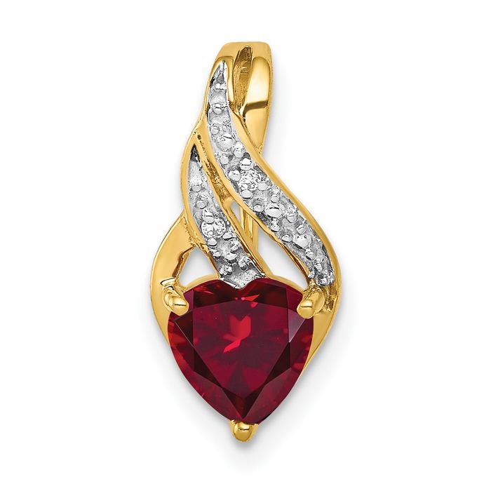 14K Solid Yellow Gold Diamond Lab Ruby Heart Necklace - Picture 10 of 12