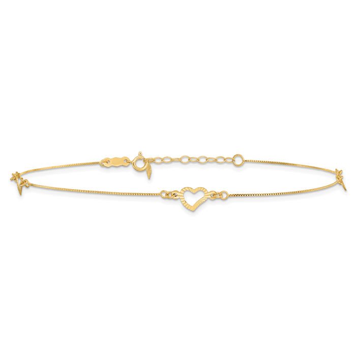 14K Solid Yellow Gold Heart Anklet Summer Beach Foot Ankle Bracelet