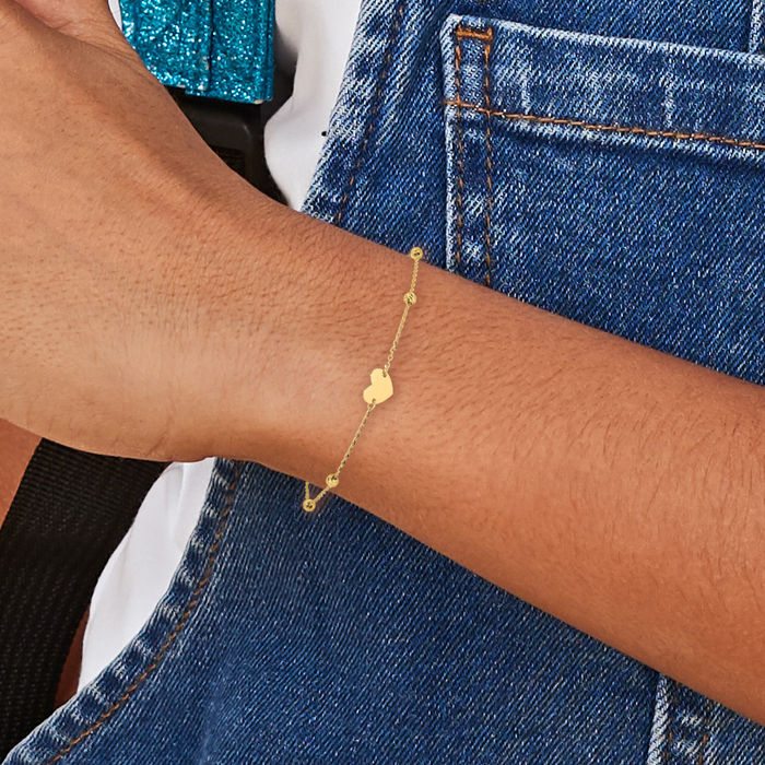 14K Solid Yellow Gold Heart Beads Chain Charm Bracelet