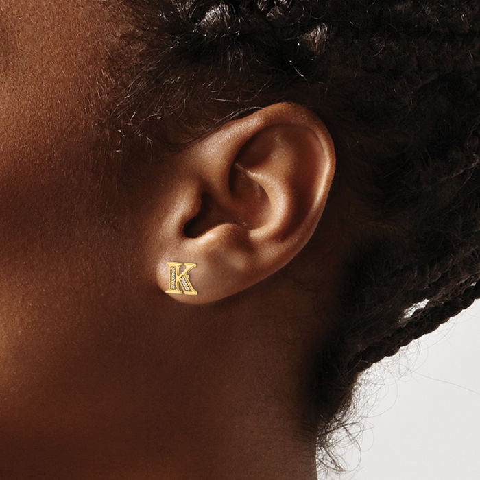 IceCarats 14K Solid Yellow Gold Diamond Dainty Letter K Initial Name Monogram Stud Earrings White