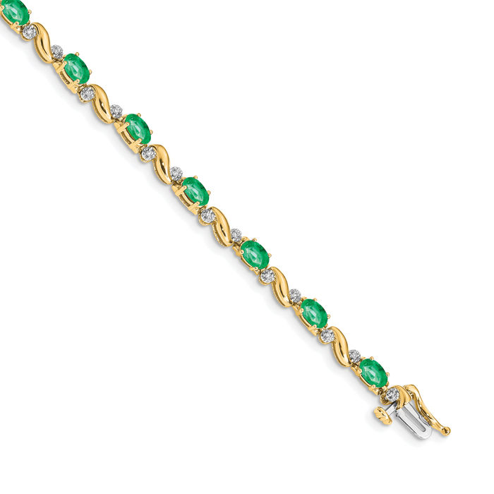 14K Solid Yellow Gold Diamond Green Emerald Chain Gemstone Tennis Bracelet